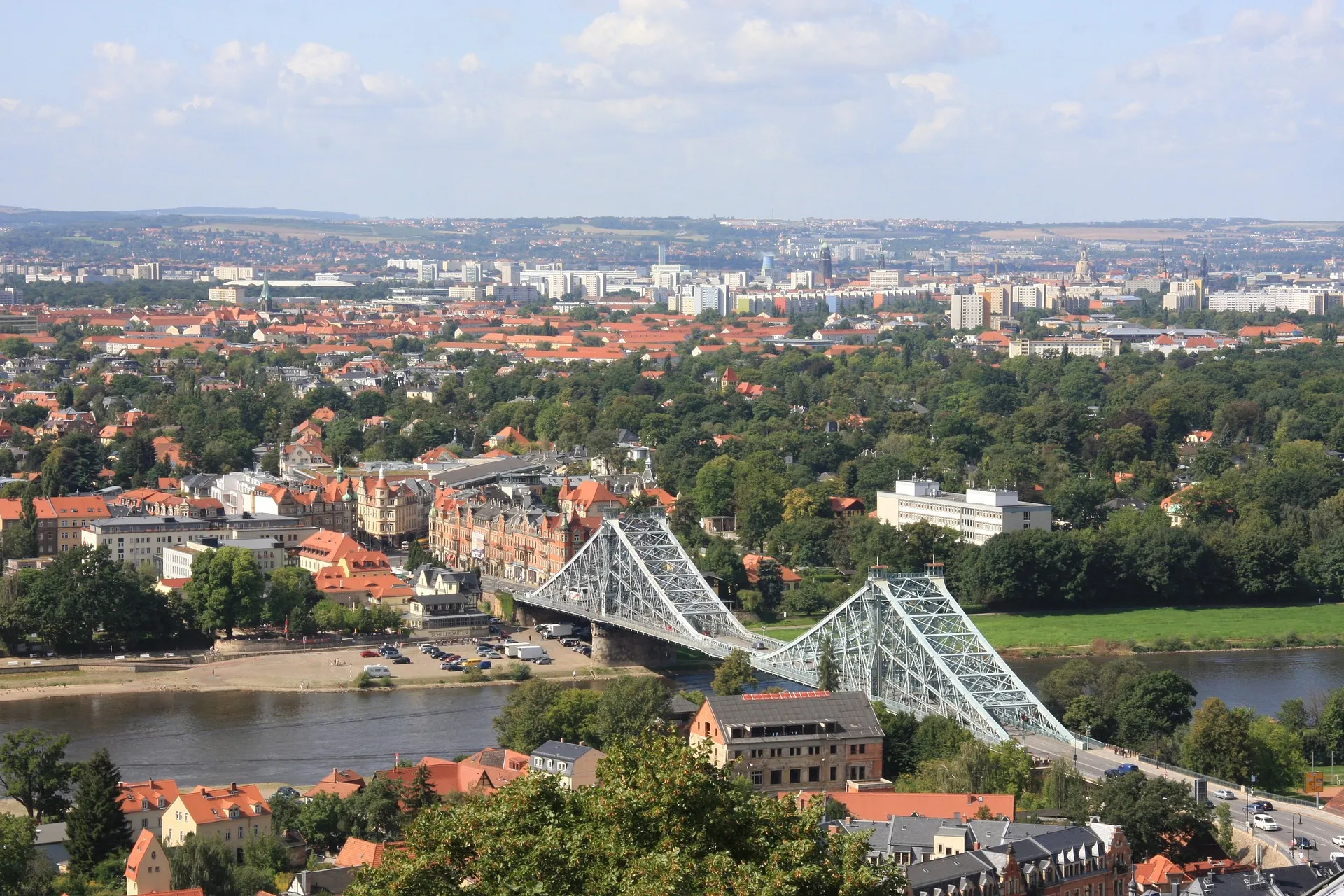 View towards Dresden’s city center from Dresden’s Loschwitz district, with the “Blaues Wunder” (“Blue Wonder”) bridge.